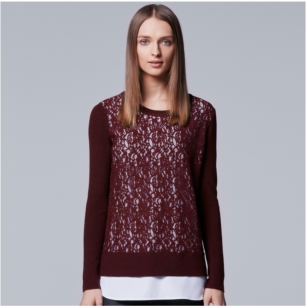 NWT Simply Vera Vera Wang Mock-Layer Lace Sweater Blue Maroon Size M